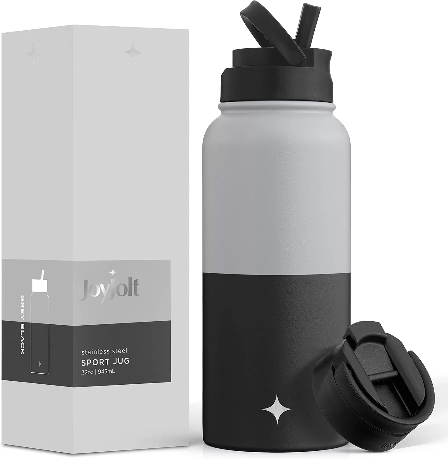 imageJoyJolt Triple Insulated Water Bottle with Straw Lid AND Flip Lid 32oz Large Water Bottle 12 Hour HotCold Vacuum Insulated Stainless Steel Bottle BPAFree Leakproof Water Bottles  Thermos BottleGrayBlack