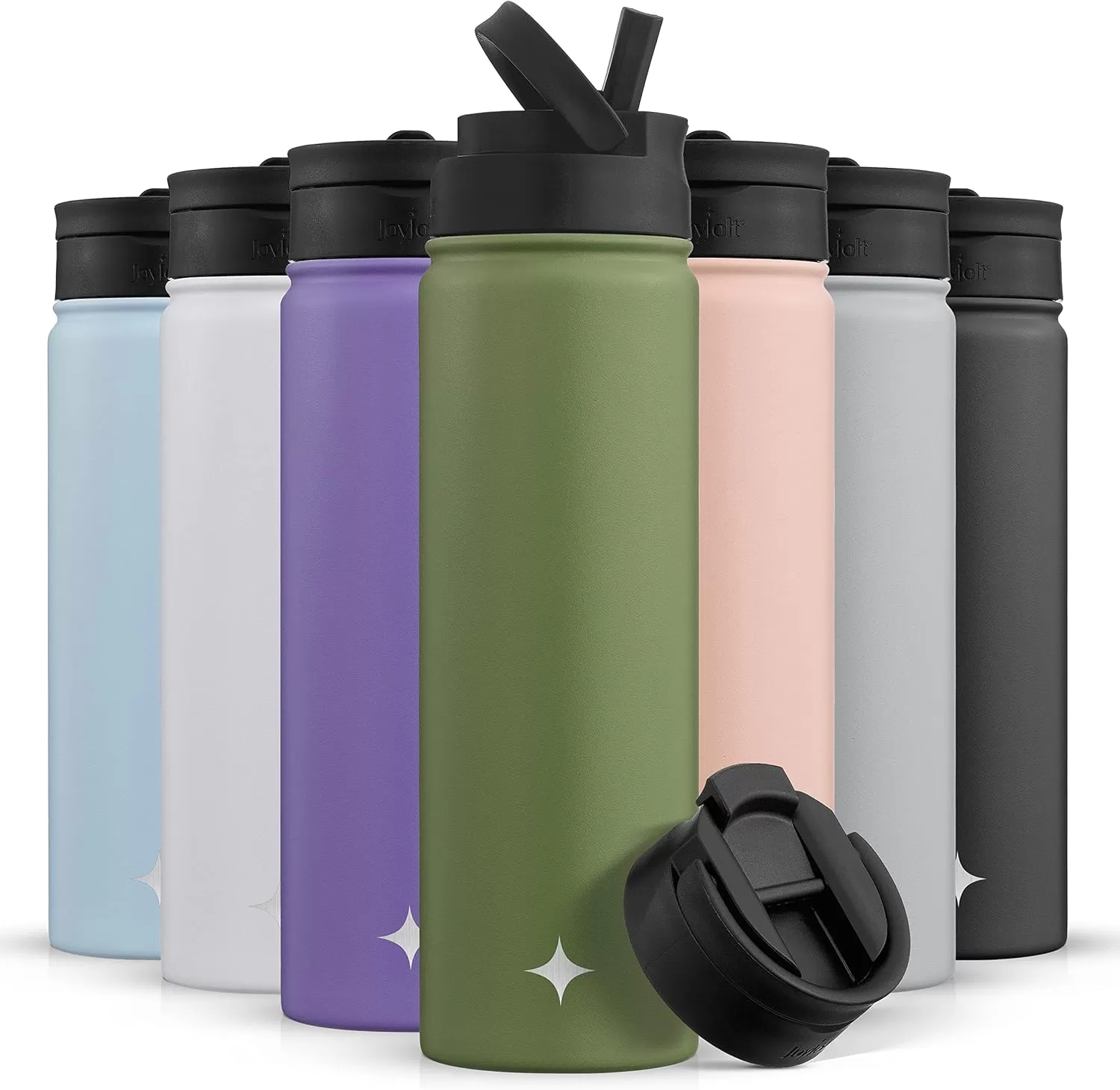 imageJoyJolt Triple Insulated Water Bottle with Straw Lid AND Flip Lid 32oz Large Water Bottle 12 Hour HotCold Vacuum Insulated Stainless Steel Bottle BPAFree Leakproof Water Bottles  Thermos BottleForest Green