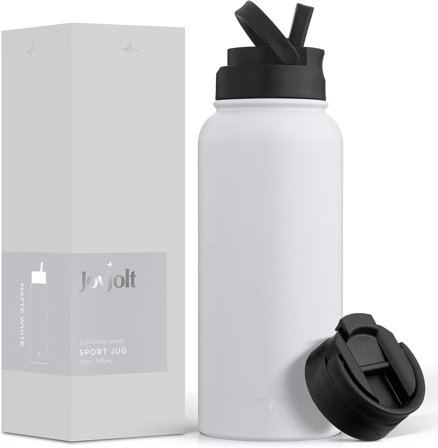 imageJoyJolt Triple Insulated Water Bottle with Straw Lid AND Flip Lid 32oz Large Water Bottle 12 Hour HotCold Vacuum Insulated Stainless Steel Bottle BPAFree Leakproof Water Bottles  Thermos BottleMatte White
