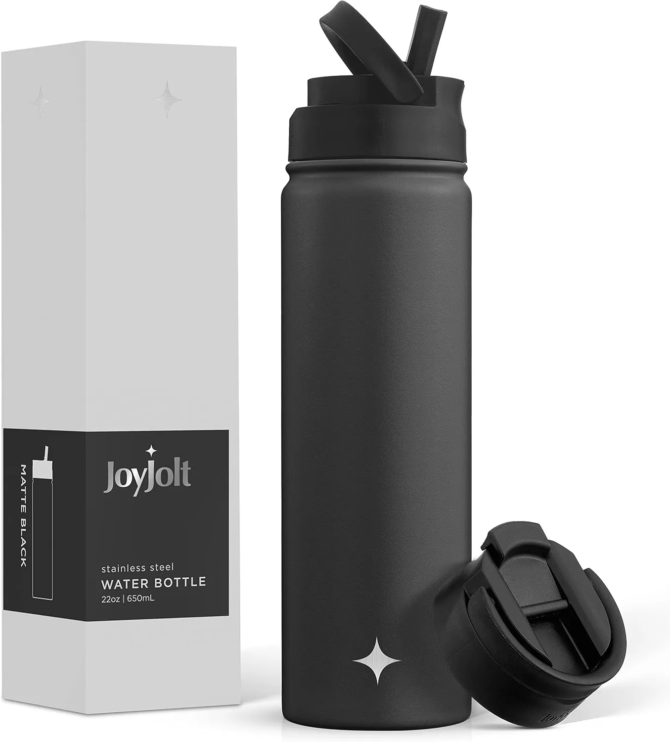 imageJoyJolt Triple Insulated Water Bottle with Straw Lid AND Flip Lid 32oz Large Water Bottle 12 Hour HotCold Vacuum Insulated Stainless Steel Bottle BPAFree Leakproof Water Bottles  Thermos BottleMatte Black
