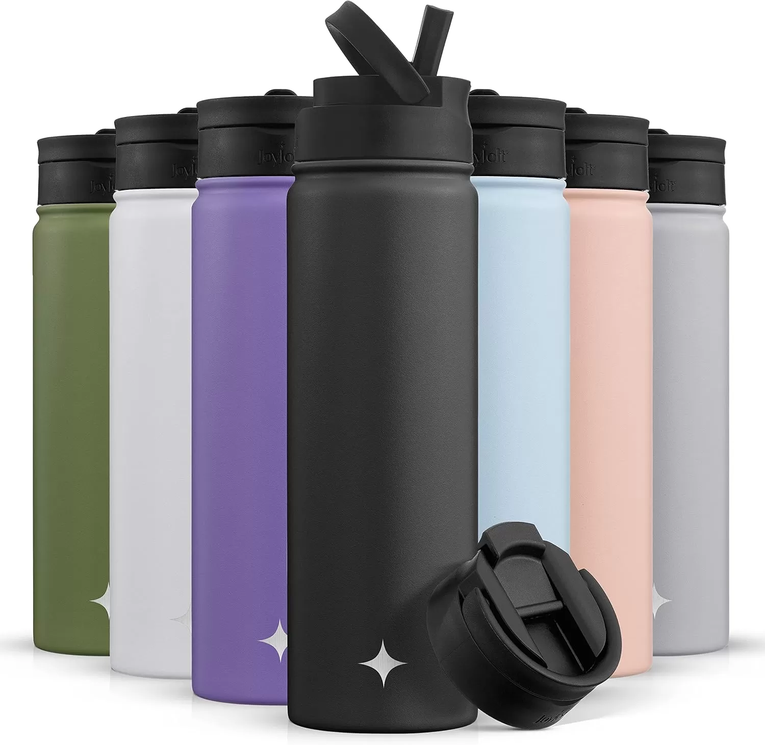 imageJoyJolt Triple Insulated Water Bottle with Straw Lid AND Flip Lid 32oz Large Water Bottle 12 Hour HotCold Vacuum Insulated Stainless Steel Bottle BPAFree Leakproof Water Bottles  Thermos BottleMatte Black