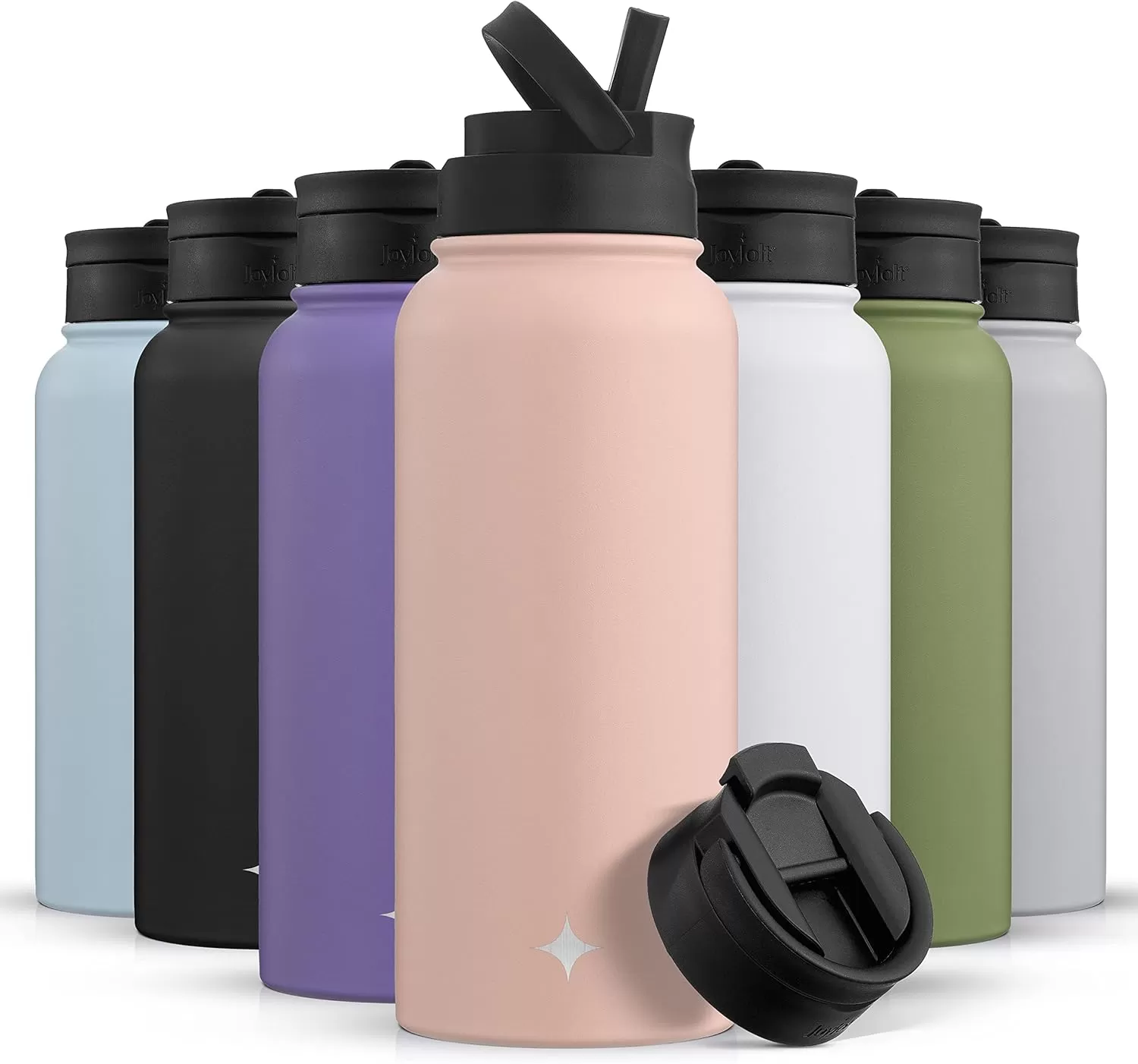 imageJoyJolt Triple Insulated Water Bottle with Straw Lid AND Flip Lid 32oz Large Water Bottle 12 Hour HotCold Vacuum Insulated Stainless Steel Bottle BPAFree Leakproof Water Bottles  Thermos BottleBlush Pink