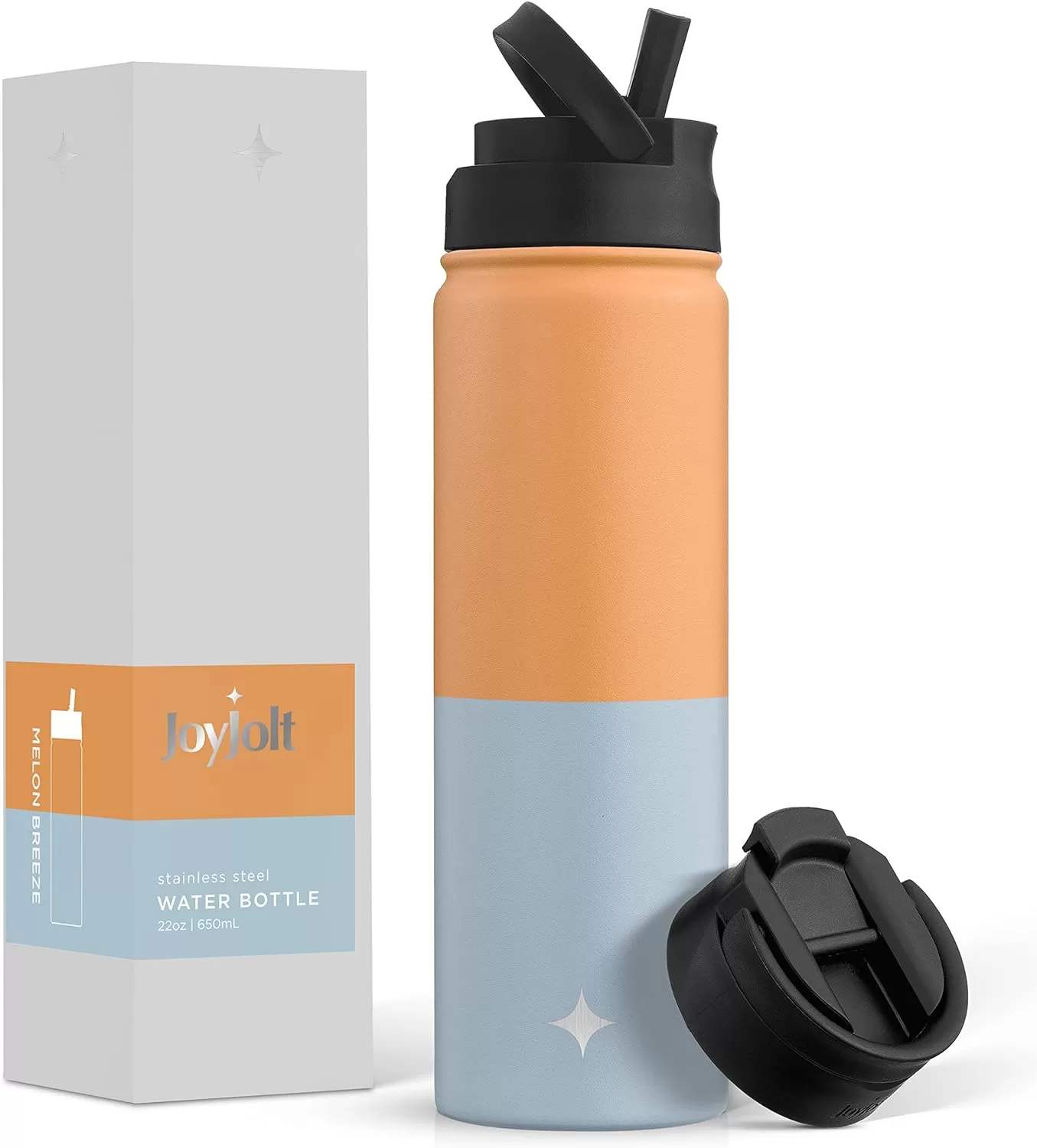 imageJoyJolt Triple Insulated Water Bottle with Straw Lid AND Flip Lid 32oz Large Water Bottle 12 Hour HotCold Vacuum Insulated Stainless Steel Bottle BPAFree Leakproof Water Bottles  Thermos BottleOrangeBlue