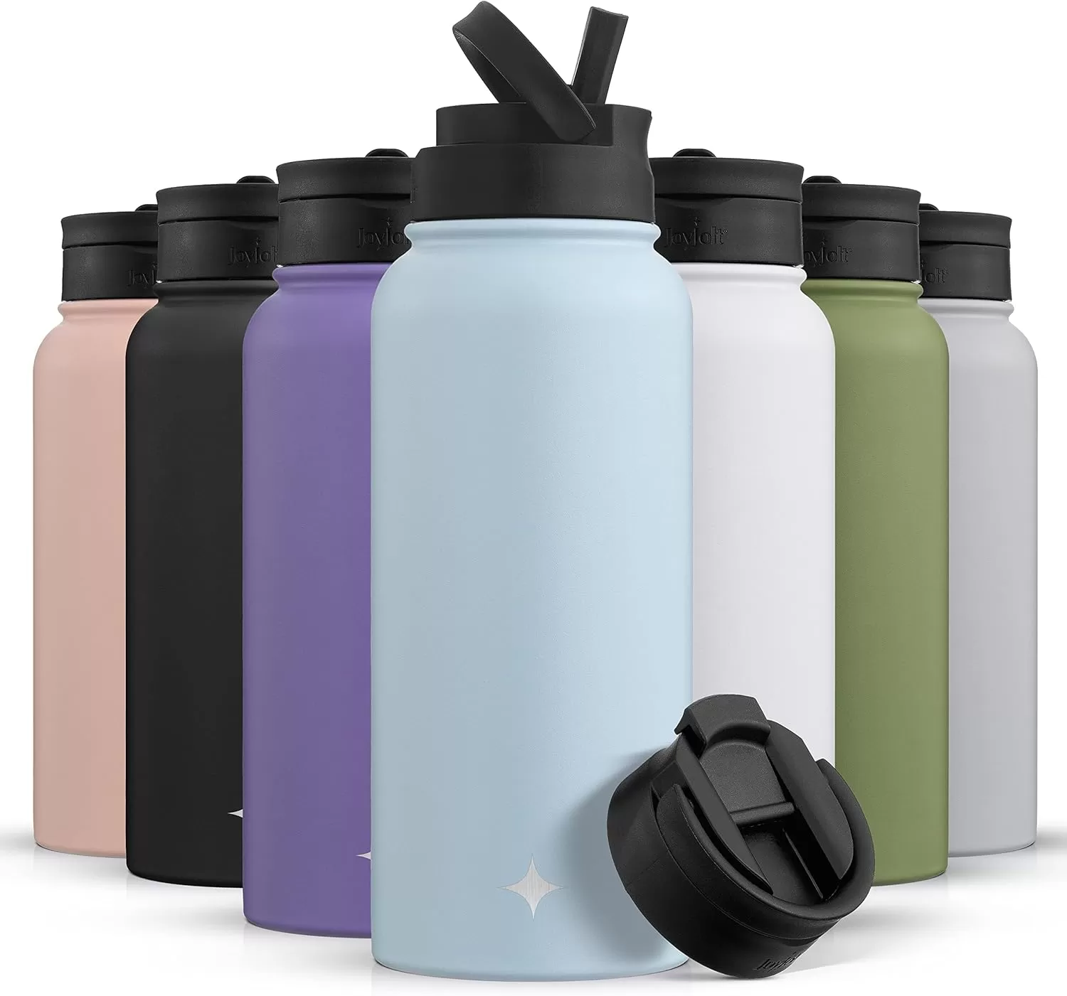 imageJoyJolt Triple Insulated Water Bottle with Straw Lid AND Flip Lid 32oz Large Water Bottle 12 Hour HotCold Vacuum Insulated Stainless Steel Bottle BPAFree Leakproof Water Bottles  Thermos BottleCloud Blue