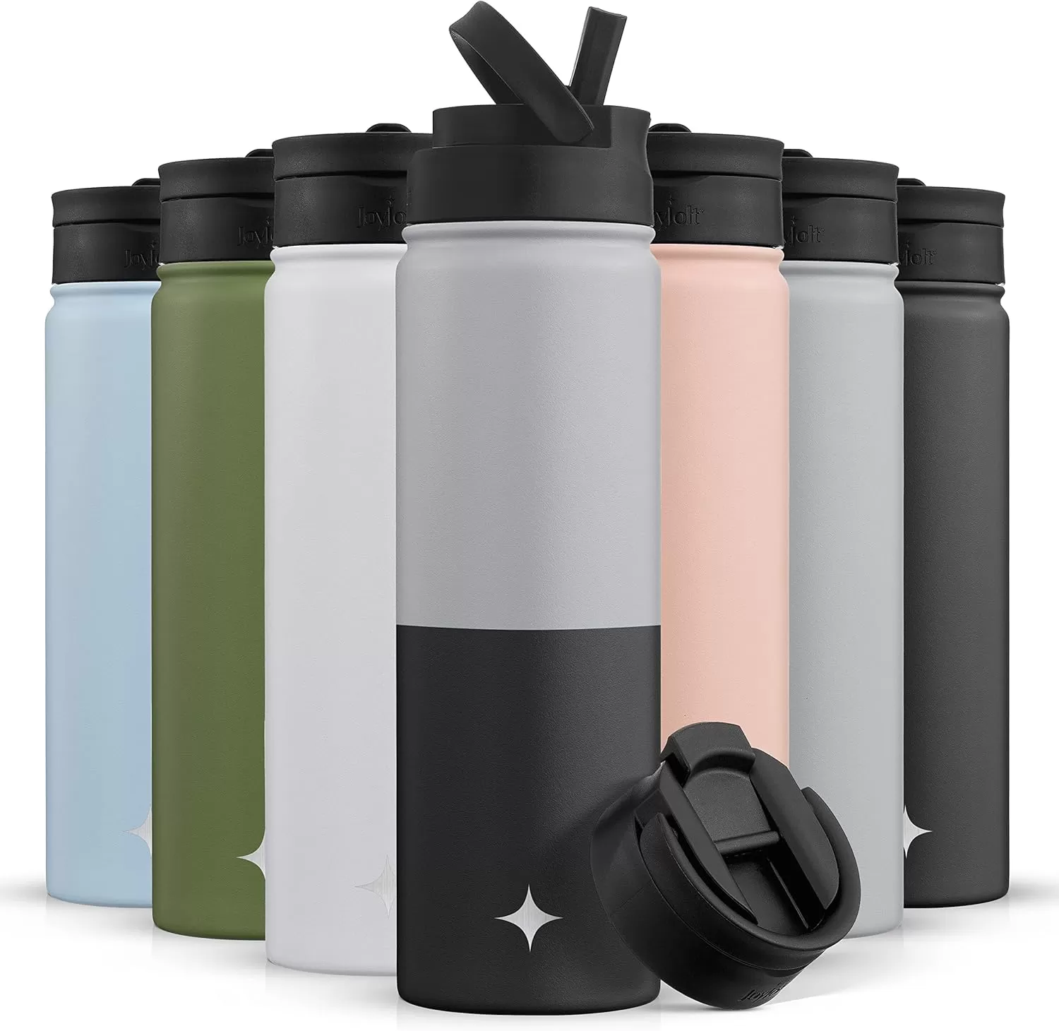 imageJoyJolt Triple Insulated Water Bottle with Straw Lid AND Flip Lid 32oz Large Water Bottle 12 Hour HotCold Vacuum Insulated Stainless Steel Bottle BPAFree Leakproof Water Bottles  Thermos BottleGrayBlack