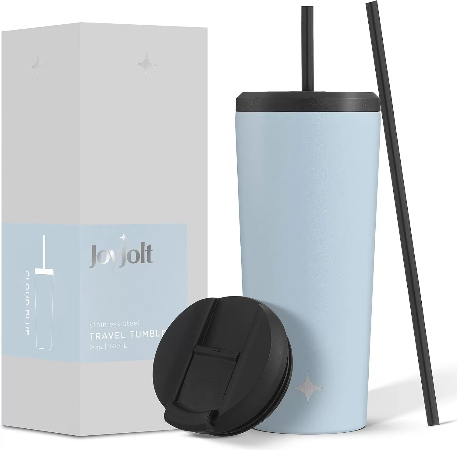 imageJoyJolt Vacuum Insulated 24 oz Tumbler with Lid and Straw 2 Each Vacuum Double Wall Stainless Steel Tumbler Copper Lined for 12Hr HoldCold Drinks Leakproof Water Bottle Tea or Iced Coffee CupCloud Blue