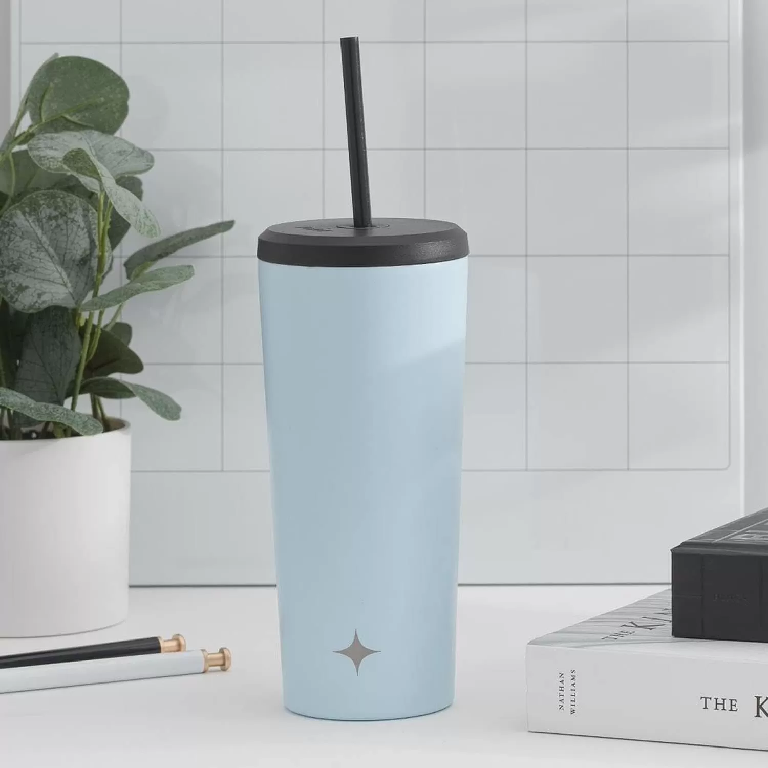 imageJoyJolt Vacuum Insulated 24 oz Tumbler with Lid and Straw 2 Each Vacuum Double Wall Stainless Steel Tumbler Copper Lined for 12Hr HoldCold Drinks Leakproof Water Bottle Tea or Iced Coffee CupCloud Blue