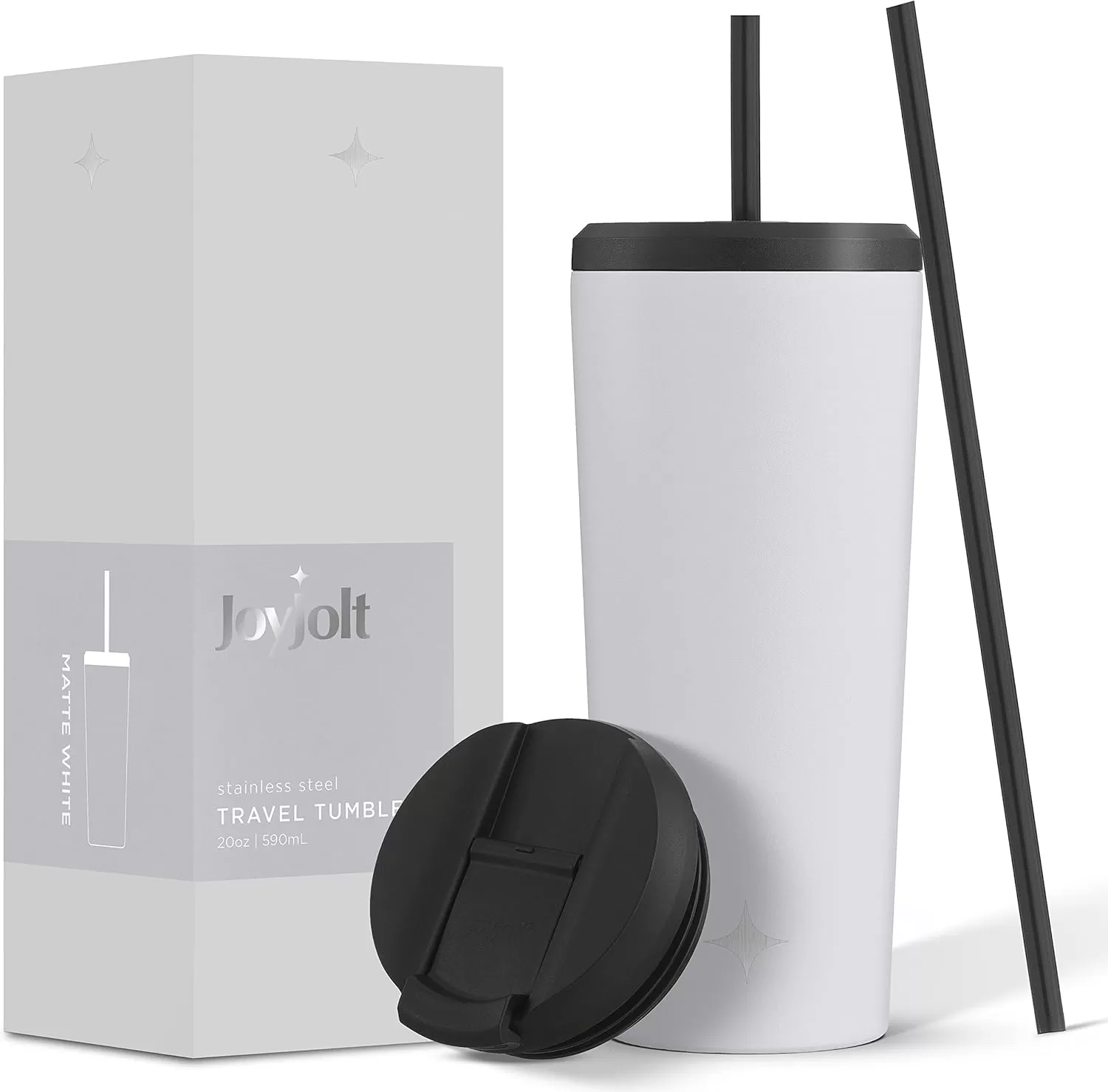 imageJoyJolt Vacuum Insulated 24 oz Tumbler with Lid and Straw 2 Each Vacuum Double Wall Stainless Steel Tumbler Copper Lined for 12Hr HoldCold Drinks Leakproof Water Bottle Tea or Iced Coffee CupMatte White