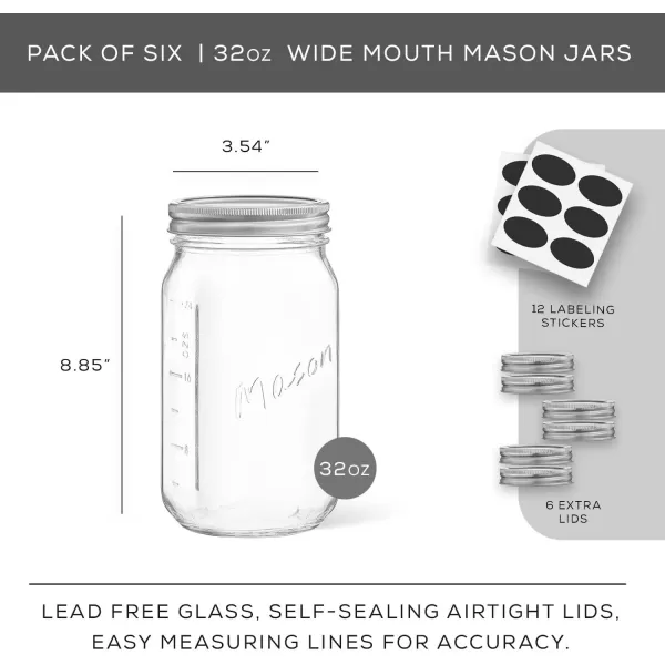image8 Oz Mason Jars With Lids Labels and Measures 6Pack Wide Mouth Glass Jar with Lid and Band Airtight Canning Jars Overnight Oats Jars Salad Jars Sourdough Starter Jar32 Oz