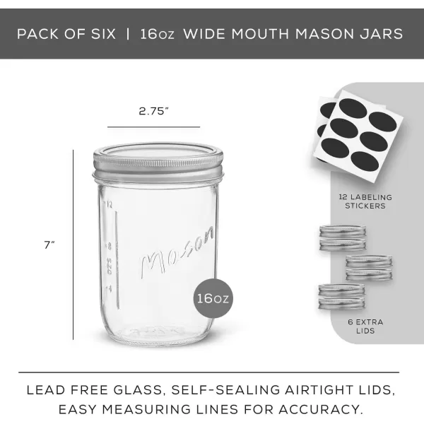 image8 Oz Mason Jars With Lids Labels and Measures 6Pack Wide Mouth Glass Jar with Lid and Band Airtight Canning Jars Overnight Oats Jars Salad Jars Sourdough Starter Jar16 Oz