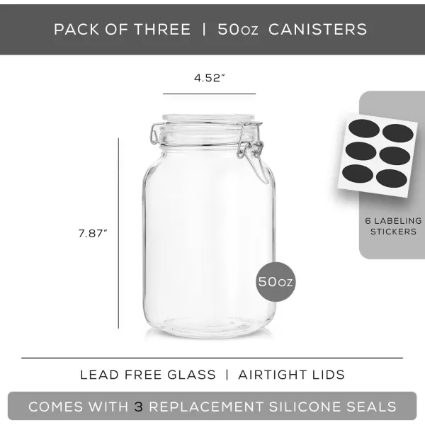imageAirtight Glass Jars with Lids Set of 3 78oz Glass Jar with Lid and 6 Silicone Seals Large Glass Food Storage Containers Square Mason Jar for Candy Flour Pasta Containers for PantrySquare 50 ounce