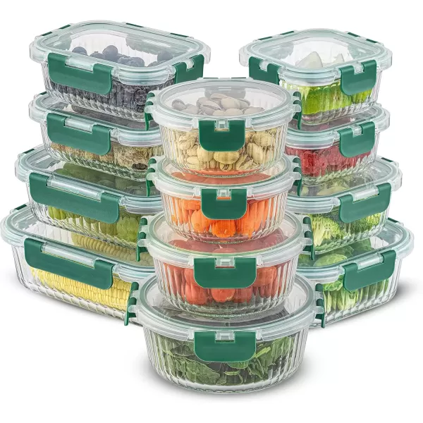 imageJoyJolt 24pc Fluted Glass Storage Containers with Lids 12 Airtight Freezer Safe Food Storage Containers Pantry Kitchen Storage Containers Glass Meal Prep Containers for LunchGreen