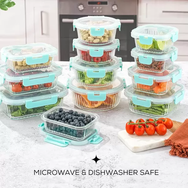 imageJoyJolt 24pc Fluted Glass Storage Containers with Lids 12 Airtight Freezer Safe Food Storage Containers Pantry Kitchen Storage Containers Glass Meal Prep Containers for LunchBlue