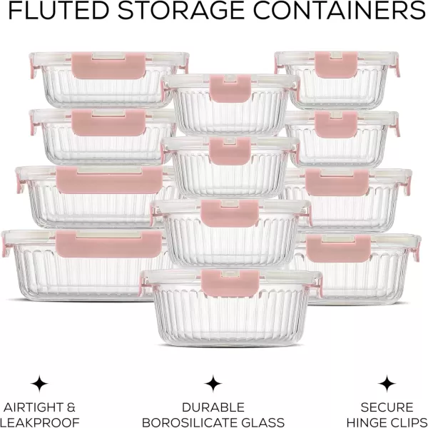 imageJoyJolt 24pc Fluted Glass Storage Containers with Lids 12 Airtight Freezer Safe Food Storage Containers Pantry Kitchen Storage Containers Glass Meal Prep Containers for LunchPink