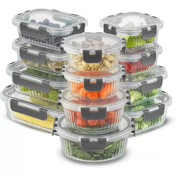 imageJoyJolt 24pc Fluted Glass Storage Containers with Lids 12 Airtight Freezer Safe Food Storage Containers Pantry Kitchen Storage Containers Glass Meal Prep Containers for LunchGray