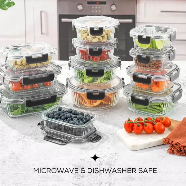imageJoyJolt 24pc Fluted Glass Storage Containers with Lids 12 Airtight Freezer Safe Food Storage Containers Pantry Kitchen Storage Containers Glass Meal Prep Containers for LunchBlack