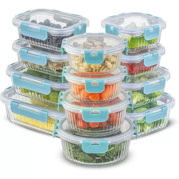 imageJoyJolt 24pc Fluted Glass Storage Containers with Lids 12 Airtight Freezer Safe Food Storage Containers Pantry Kitchen Storage Containers Glass Meal Prep Containers for LunchBlue