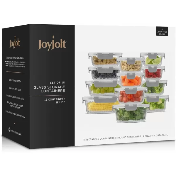 imageJoyJolt 24pc Fluted Glass Storage Containers with Lids 12 Airtight Freezer Safe Food Storage Containers Pantry Kitchen Storage Containers Glass Meal Prep Containers for LunchGray