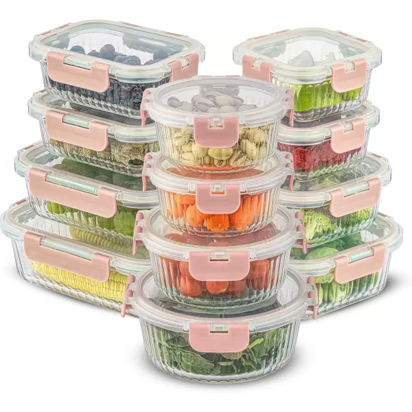 imageJoyJolt 24pc Fluted Glass Storage Containers with Lids 12 Airtight Freezer Safe Food Storage Containers Pantry Kitchen Storage Containers Glass Meal Prep Containers for LunchPink
