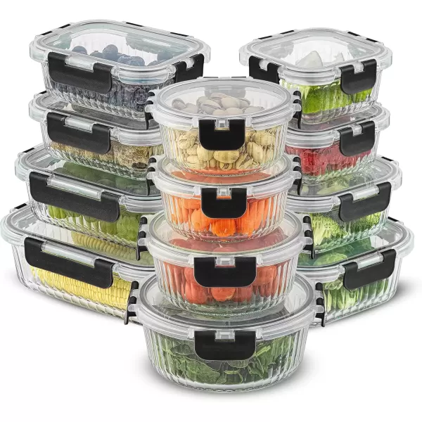 imageJoyJolt 24pc Fluted Glass Storage Containers with Lids 12 Airtight Freezer Safe Food Storage Containers Pantry Kitchen Storage Containers Glass Meal Prep Containers for LunchBlack