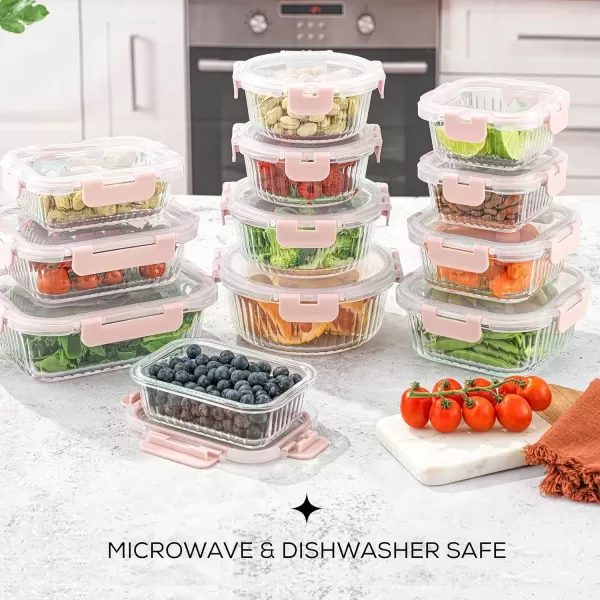 imageJoyJolt 24pc Fluted Glass Storage Containers with Lids 12 Airtight Freezer Safe Food Storage Containers Pantry Kitchen Storage Containers Glass Meal Prep Containers for LunchPink