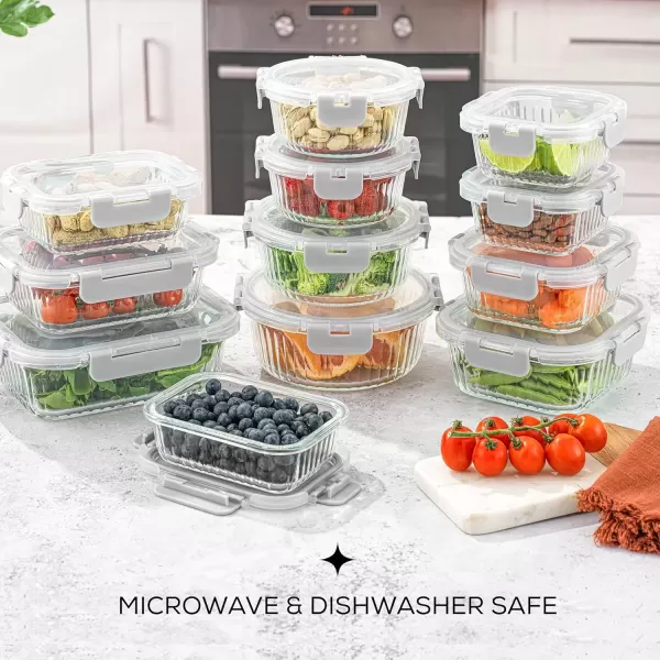 imageJoyJolt 24pc Fluted Glass Storage Containers with Lids 12 Airtight Freezer Safe Food Storage Containers Pantry Kitchen Storage Containers Glass Meal Prep Containers for LunchGray