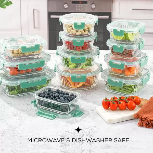imageJoyJolt 24pc Fluted Glass Storage Containers with Lids 12 Airtight Freezer Safe Food Storage Containers Pantry Kitchen Storage Containers Glass Meal Prep Containers for LunchGreen