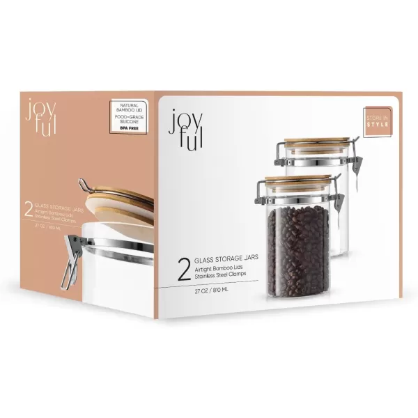 imageJoyJolt Borosilicate Glass Jars With Bamboo Lids 27oz 2PC Set of Airtight Storage Jars with Clamp Lids for Pantry Storage Air Tight Sealable Containers for Kitchen Organization