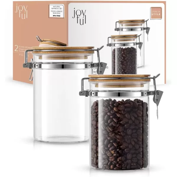 imageJoyJolt Borosilicate Glass Jars With Bamboo Lids 27oz 2PC Set of Airtight Storage Jars with Clamp Lids for Pantry Storage Air Tight Sealable Containers for Kitchen Organization