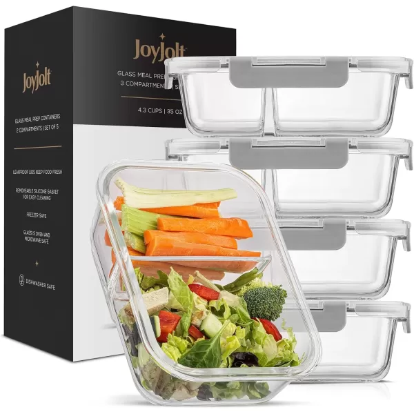 imageJoyJolt Divided Food Storage Containers with Lids Airtight 5 Pack Glass Meal Prep Containers 2 Compartment Set Glass Bento Box Reusable Food Containers Portion Control Containers for Weight LossGray