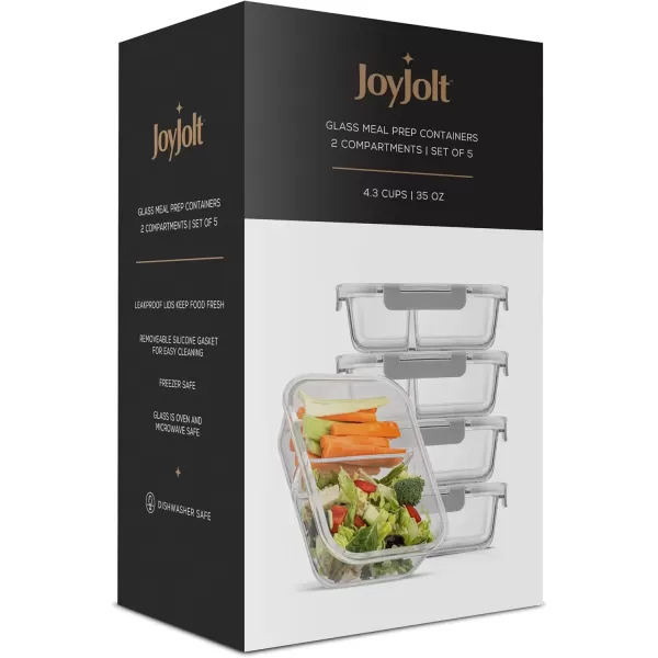 imageJoyJolt Divided Food Storage Containers with Lids Airtight 5 Pack Glass Meal Prep Containers 2 Compartment Set Glass Bento Box Reusable Food Containers Portion Control Containers for Weight LossGray
