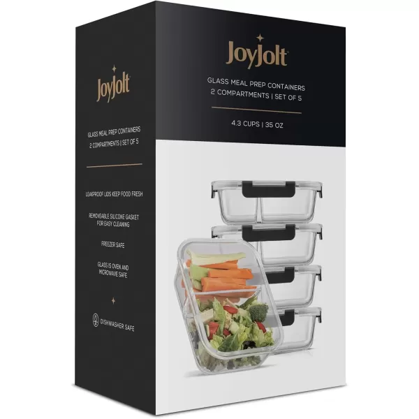 imageJoyJolt Divided Food Storage Containers with Lids Airtight 5 Pack Glass Meal Prep Containers 2 Compartment Set Glass Bento Box Reusable Food Containers Portion Control Containers for Weight LossBlack