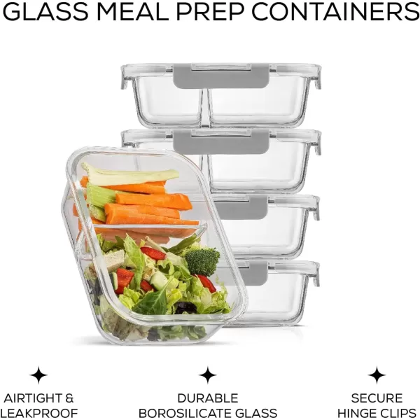 imageJoyJolt Divided Food Storage Containers with Lids Airtight 5 Pack Glass Meal Prep Containers 2 Compartment Set Glass Bento Box Reusable Food Containers Portion Control Containers for Weight LossGray