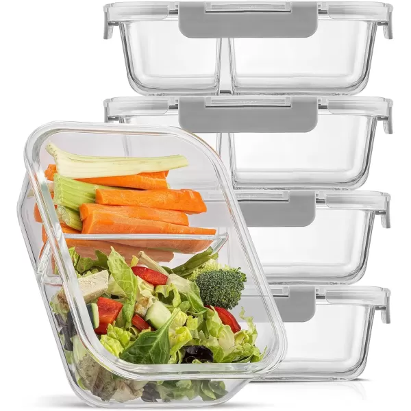 imageJoyJolt Divided Food Storage Containers with Lids Airtight 5 Pack Glass Meal Prep Containers 2 Compartment Set Glass Bento Box Reusable Food Containers Portion Control Containers for Weight LossGray