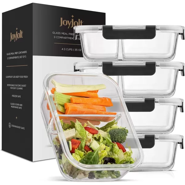 imageJoyJolt Divided Food Storage Containers with Lids Airtight 5 Pack Glass Meal Prep Containers 2 Compartment Set Glass Bento Box Reusable Food Containers Portion Control Containers for Weight LossBlack
