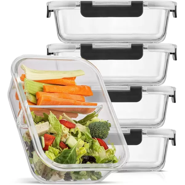 imageJoyJolt Divided Food Storage Containers with Lids Airtight 5 Pack Glass Meal Prep Containers 2 Compartment Set Glass Bento Box Reusable Food Containers Portion Control Containers for Weight LossBlack