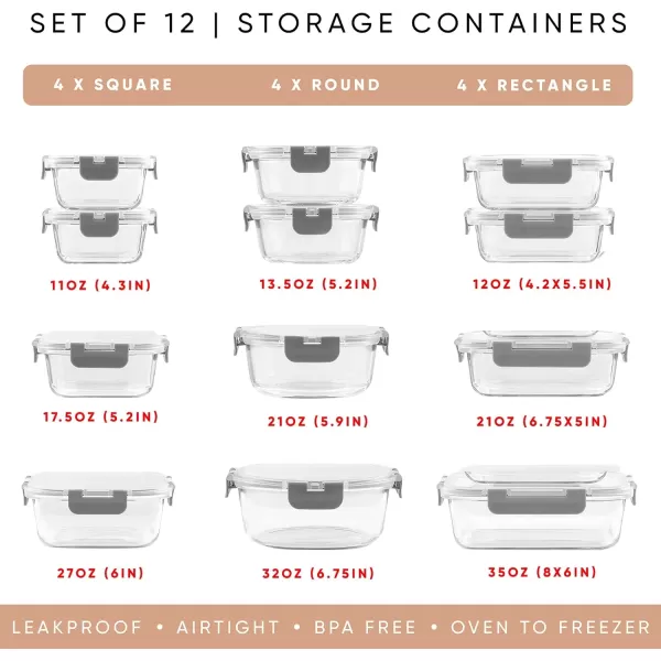 imageJoyJolt JoyFul 24pc12 Airtight Freezer Safe Food Storage Containers and 12 Lids Pantry Kitchen Storage Containers Glass Meal Prep Container for Lunch Glass Storage Containers with LidsColor Grey