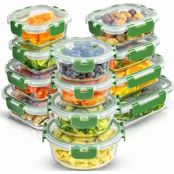 imageJoyJolt JoyFul 24pc12 Airtight Freezer Safe Food Storage Containers and 12 Lids Pantry Kitchen Storage Containers Glass Meal Prep Container for Lunch Glass Storage Containers with LidsColor Green