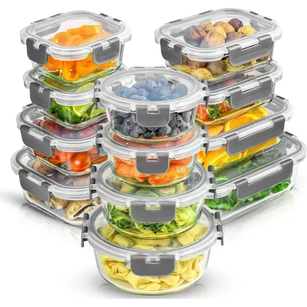 imageJoyJolt JoyFul 24pc12 Airtight Freezer Safe Food Storage Containers and 12 Lids Pantry Kitchen Storage Containers Glass Meal Prep Container for Lunch Glass Storage Containers with LidsColor Grey