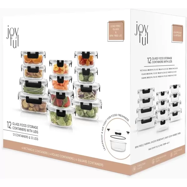 imageJoyJolt JoyFul 24pc12 Airtight Freezer Safe Food Storage Containers and 12 Lids Pantry Kitchen Storage Containers Glass Meal Prep Container for Lunch Glass Storage Containers with LidsColor Black