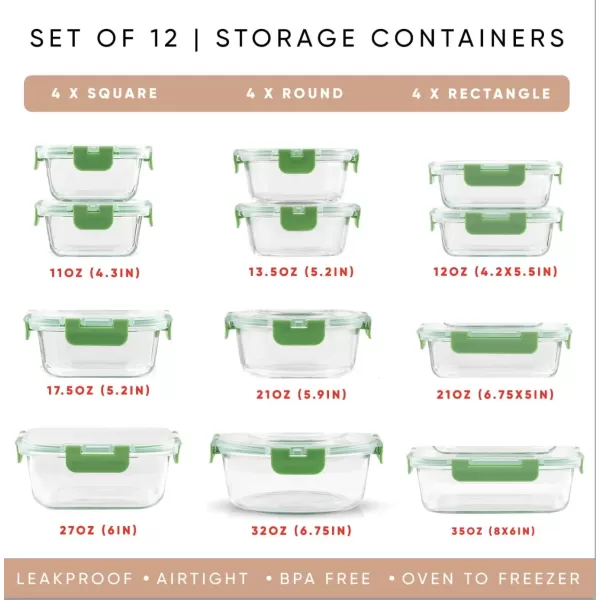 imageJoyJolt JoyFul 24pc12 Airtight Freezer Safe Food Storage Containers and 12 Lids Pantry Kitchen Storage Containers Glass Meal Prep Container for Lunch Glass Storage Containers with LidsColor Green