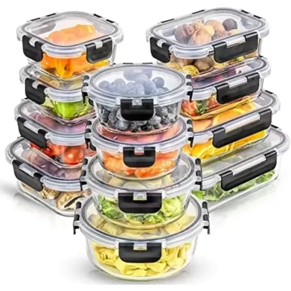 imageJoyJolt JoyFul 24pc12 Airtight Freezer Safe Food Storage Containers and 12 Lids Pantry Kitchen Storage Containers Glass Meal Prep Container for Lunch Glass Storage Containers with LidsColor Black
