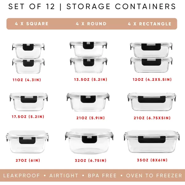 imageJoyJolt JoyFul 24pc12 Airtight Freezer Safe Food Storage Containers and 12 Lids Pantry Kitchen Storage Containers Glass Meal Prep Container for Lunch Glass Storage Containers with LidsColor Black