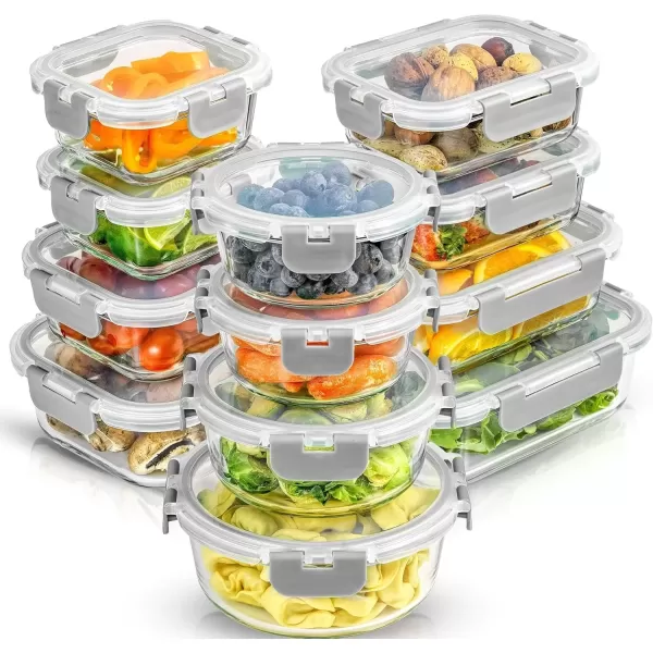 imageJoyJolt JoyFul 24pc12 Airtight Freezer Safe Food Storage Containers and 12 Lids Pantry Kitchen Storage Containers Glass Meal Prep Container for Lunch Glass Storage Containers with LidsColor Grey