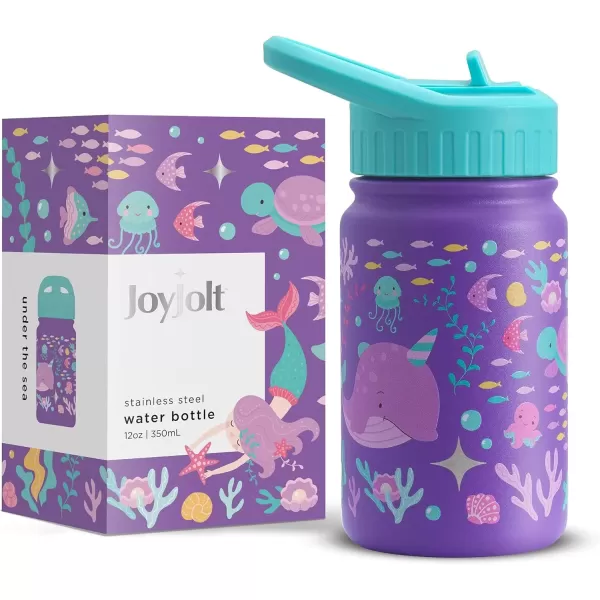 imageJoyJolt Kids Water Bottle with Straw Lid 12oz Small Stainless Steel Reusable Tumbler for Kids Girls Boys or Teen Vacuum Insulated Water Bottle for School Travel and Outdoors LeakproofSea