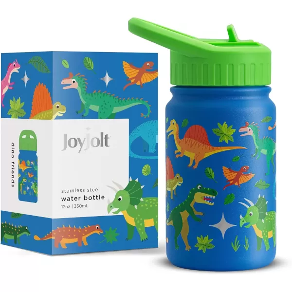 imageJoyJolt Kids Water Bottle with Straw Lid 12oz Small Stainless Steel Reusable Tumbler for Kids Girls Boys or Teen Vacuum Insulated Water Bottle for School Travel and Outdoors LeakproofDinos