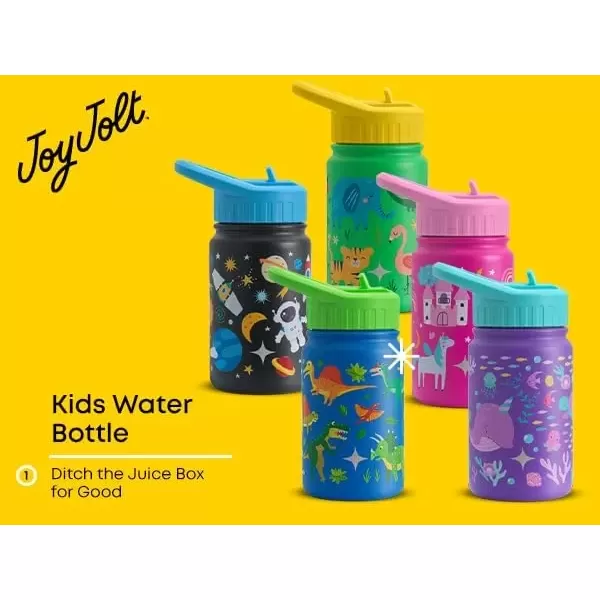 imageJoyJolt Kids Water Bottle with Straw Lid 12oz Small Stainless Steel Reusable Tumbler for Kids Girls Boys or Teen Vacuum Insulated Water Bottle for School Travel and Outdoors LeakproofDinos