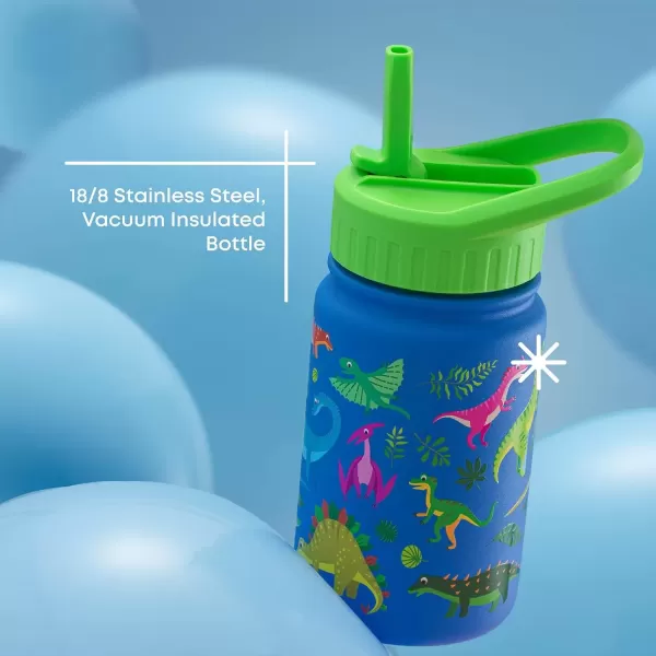 imageJoyJolt Kids Water Bottle with Straw Lid 12oz Small Stainless Steel Reusable Tumbler for Kids Girls Boys or Teen Vacuum Insulated Water Bottle for School Travel and Outdoors LeakproofDinos