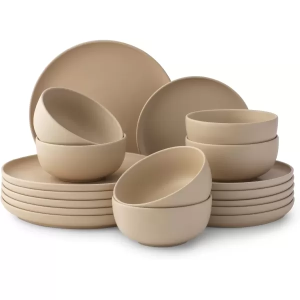 imageJoyJolt Mesa Stoneware Dinnerware Set 18Piece Plates and Bowls Sets Includes Dinner Plates Salad Plates and Cereal and Soup Bowls Modern Farmhouse Matte Black Dish Set for 6Beige