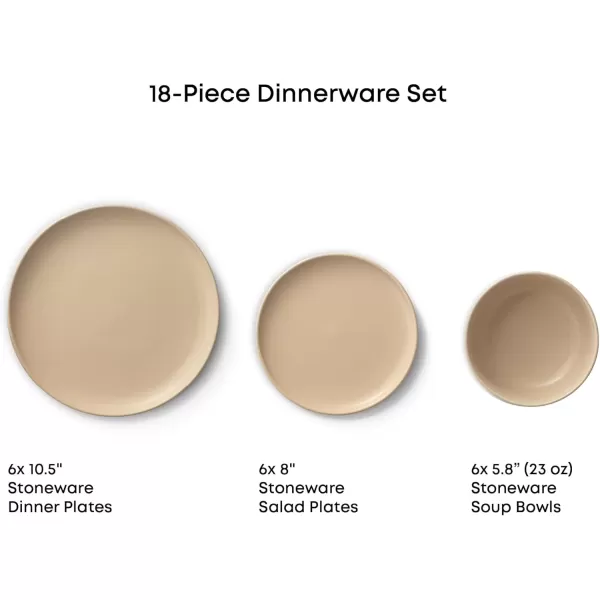 imageJoyJolt Mesa Stoneware Dinnerware Set 18Piece Plates and Bowls Sets Includes Dinner Plates Salad Plates and Cereal and Soup Bowls Modern Farmhouse Matte Black Dish Set for 6Beige
